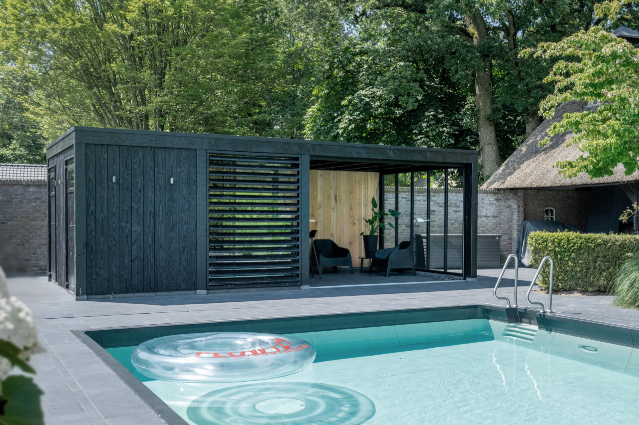 luxe-modern-poolhouse-zwart-douglas-met-glazen-schuifwanden-en-tiolet-met-douche