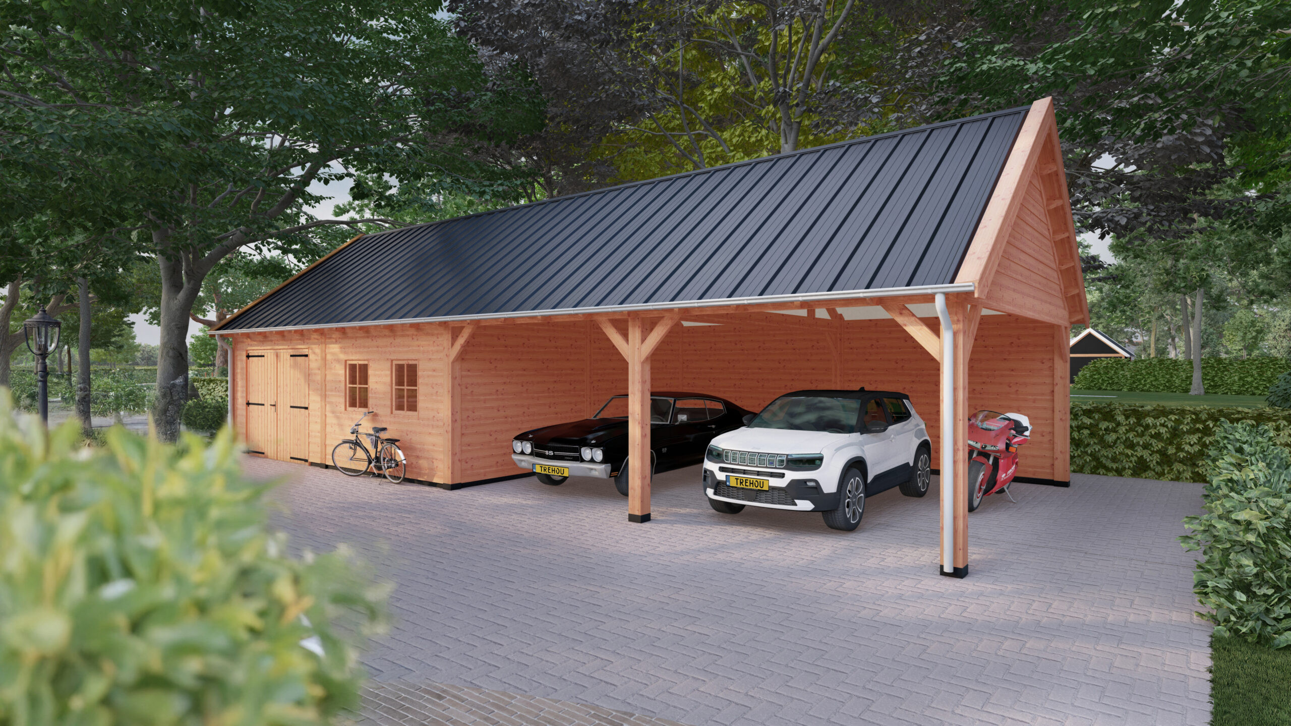 Grote-houten-garage-met-dubbele-carport-Trendhout